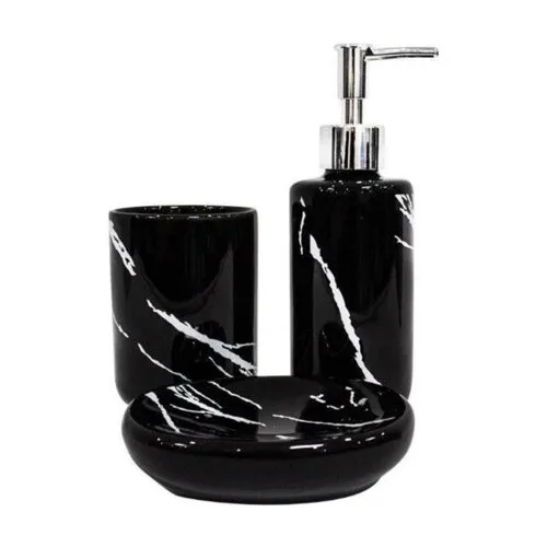 

Seramik Banyo Seti 3 Lü Siyah Mermer Görünümlü Diş Fırçalık Katı Sıvı Sabunluk