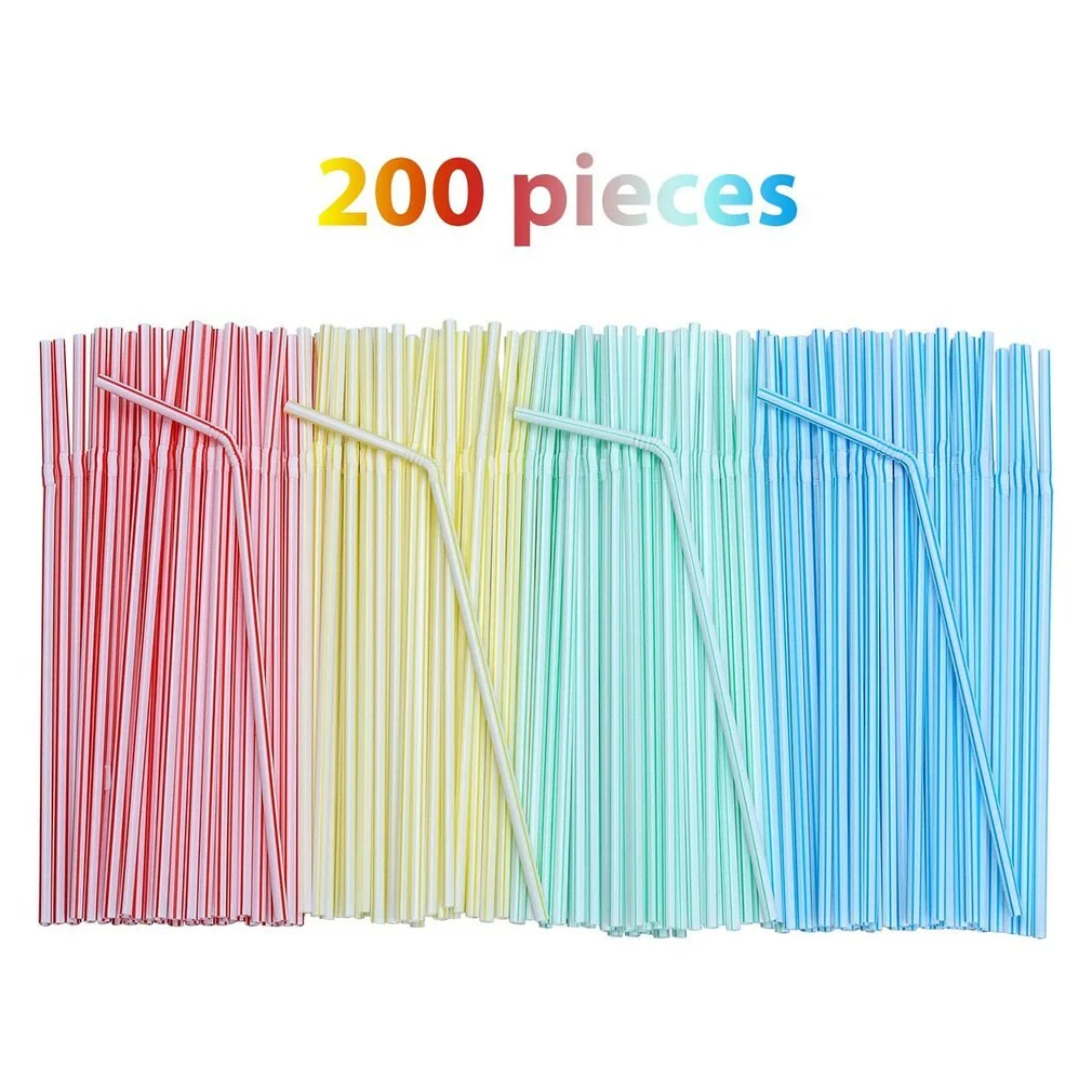 200Pcs Disposable Plastic Drinking Straws Multi-Color Striped Elbow Beverage Plastic Straws Birthday Celebration Party Supplies
