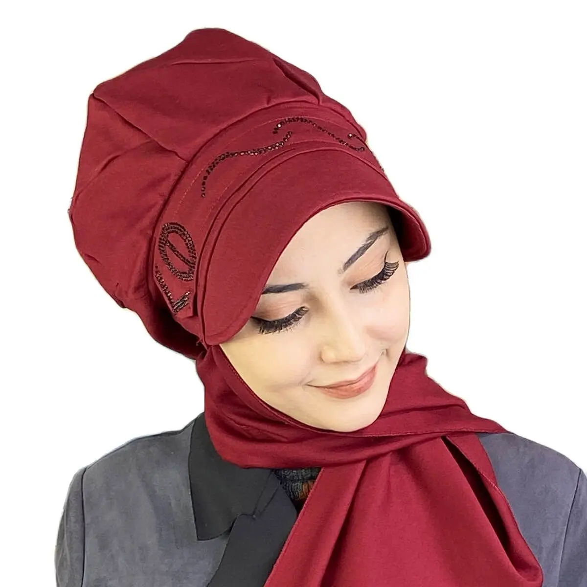 

Burgundy Atkılı Black Stone Printed Hat New Fashion Islamic Muslim Women Scarf 2021 Trend Hijab Which Are Immediately Ready-to-Wear Bathing Cap beret