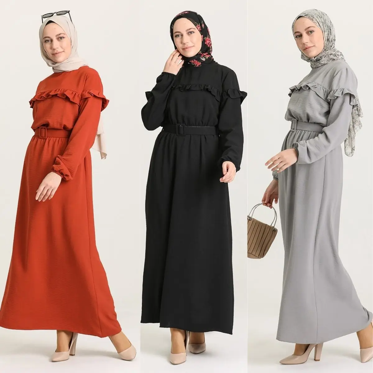 

Aerobin Fabric Frilly Dress Plain Unlined Long Elastic Sleeve Belt Zero Collar 4 Seasons Women Muslim Fashion Casual Hijab Cloth