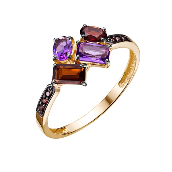 Золотое кольцо с фианитами аметистами и гранатами 000-333255 размер 18 - купить по