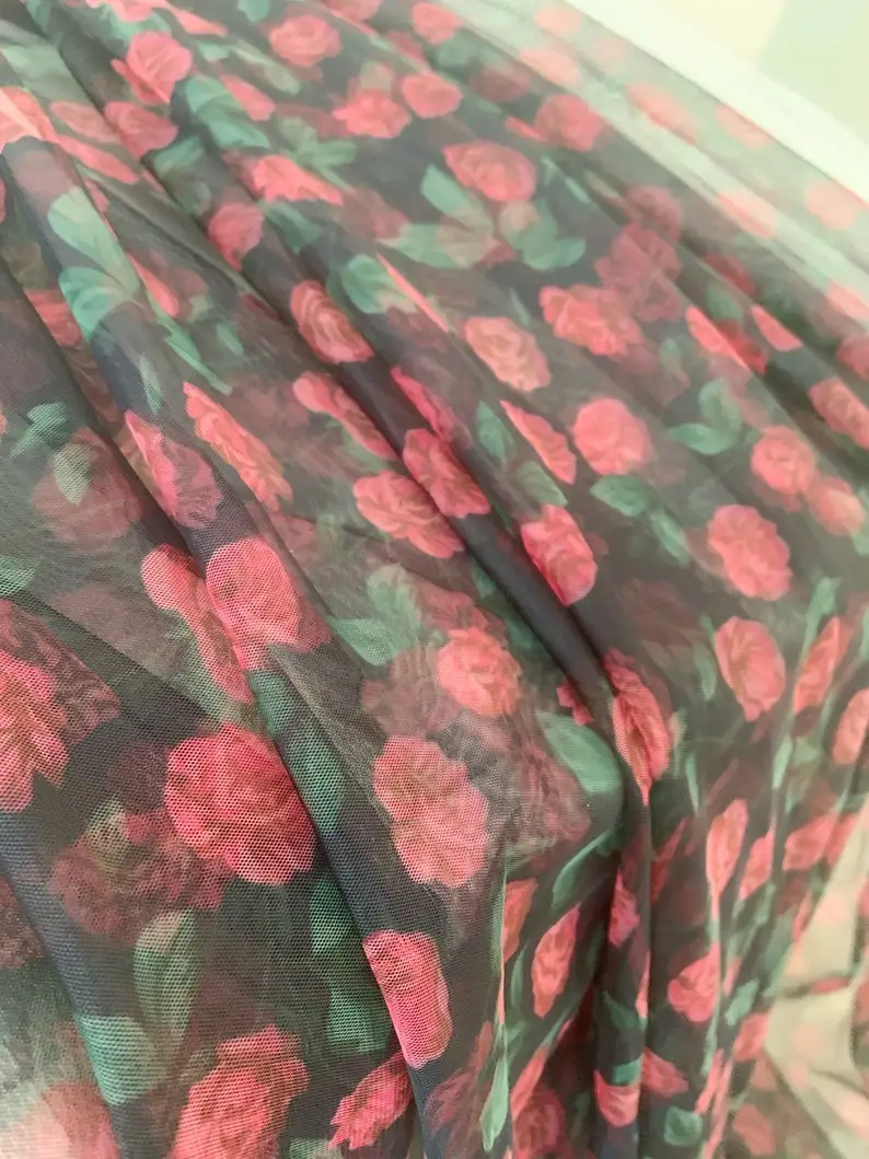

Black tulle fabric with printed roses, colorful tulle fabric with printed florals for costume, prop, wedding decors, party decor