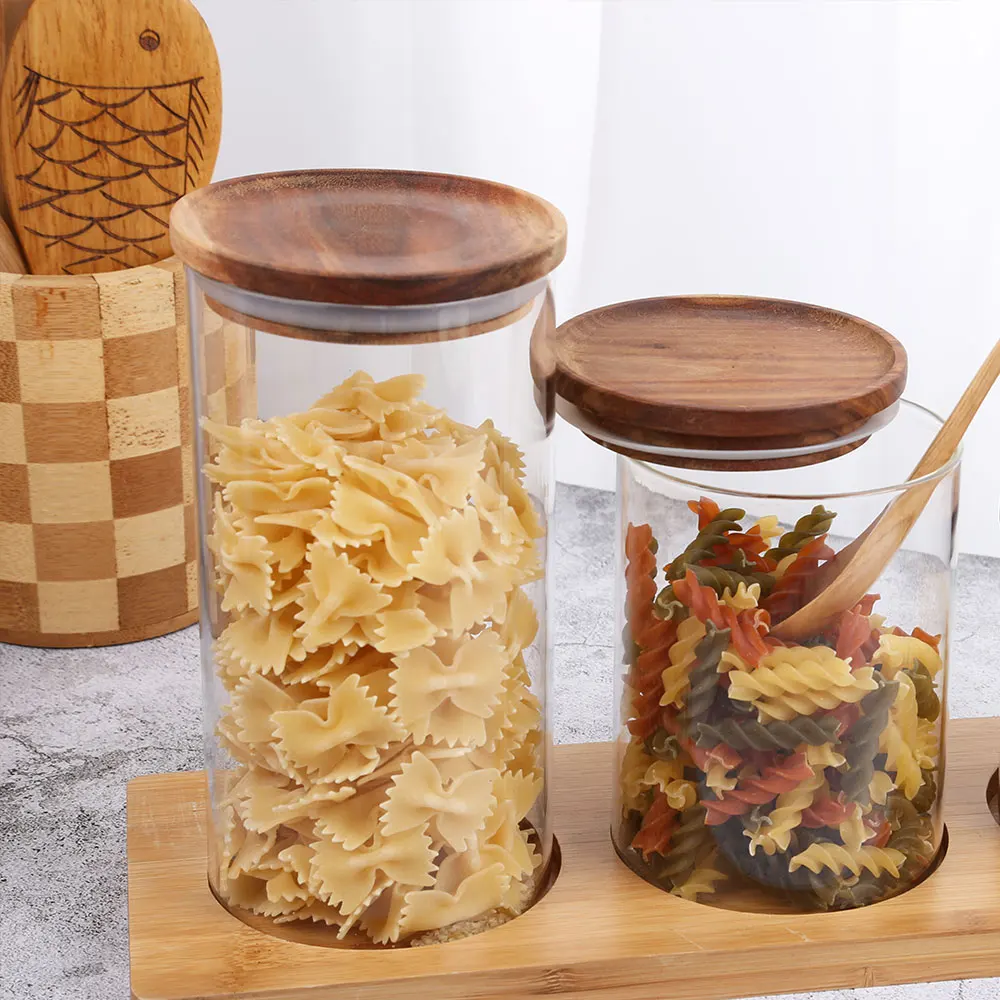 1 шт стеклянная пищевая бутылка для хранения Бамбуковая крышка закуски зерно чай