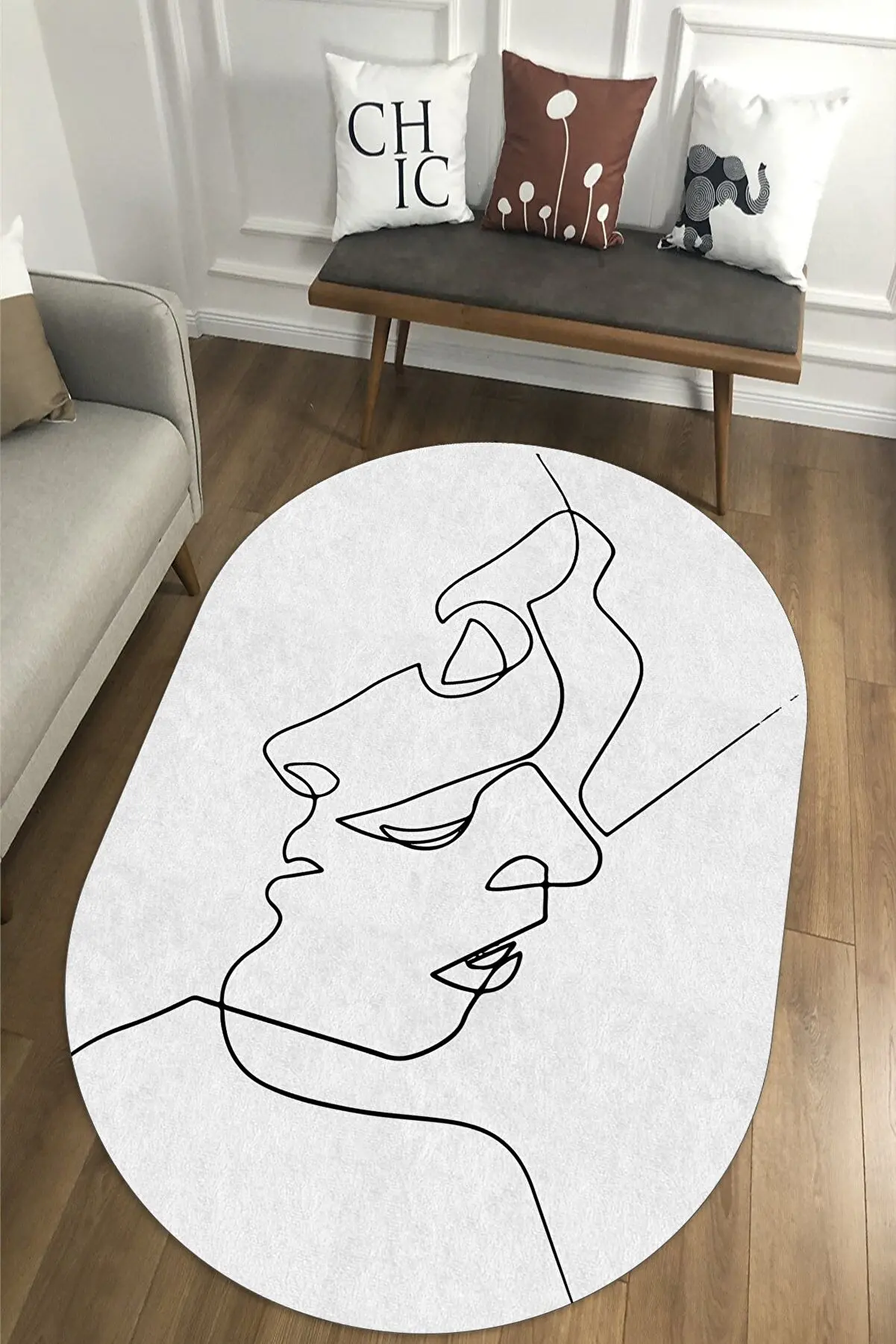 

RIMADA White Zeminli Black Striped Minimalist Pattern Oval Carpet