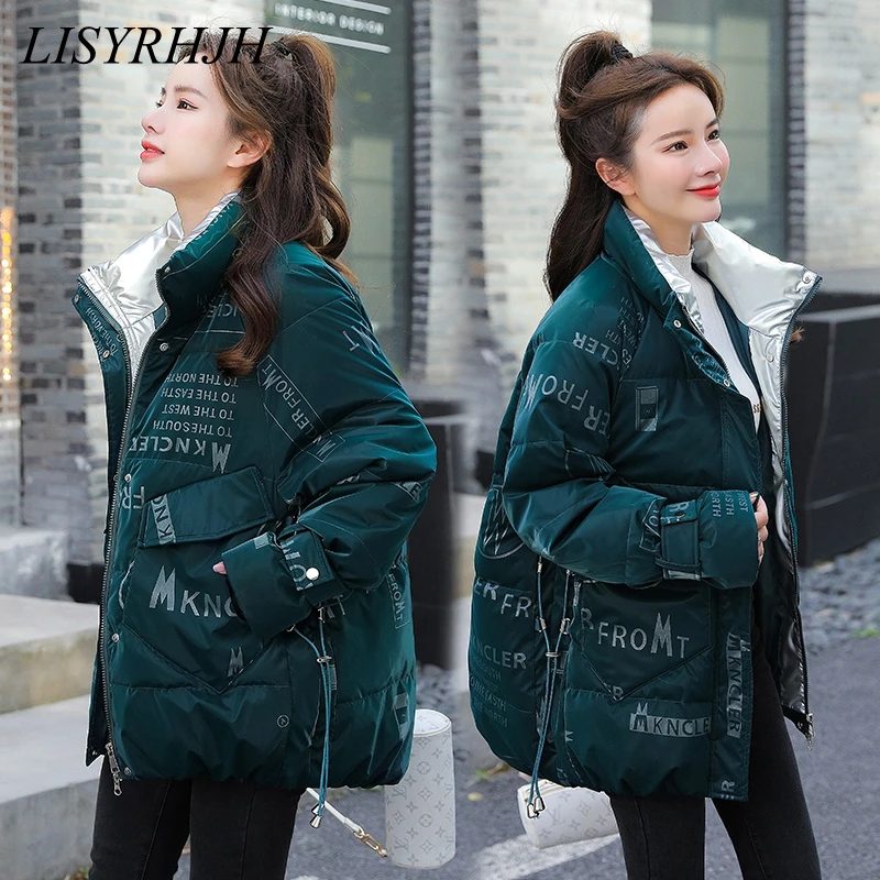 

Warm Womens Thick Long Parkas Letter Print Loose Casual Winter Jacket Korean Style Puffer Coat Streetwear for Female Fashion