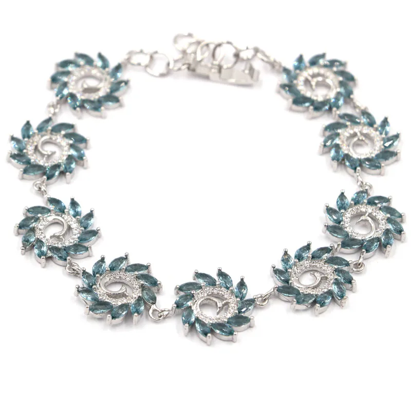 

17x17mm Luxury Round 18g Created London Blue Topaz Green White CZ Women Wedding Silver Bracelet 7.5-8.5"