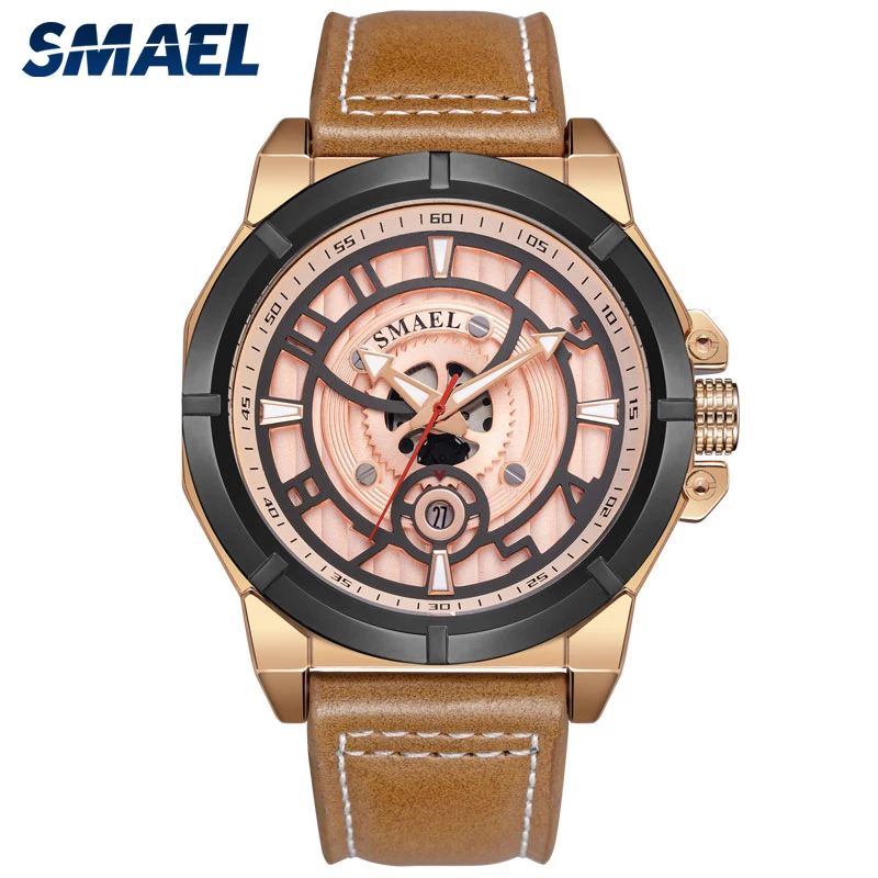 

SMAEL Fashion Men's Quartz Watches Stereo Dial Face Waterproof 30M Leather Strap Creative Casual Wristwatches 9163