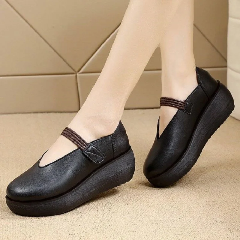 

2022 New Chunky Platform Mary Jane Shoes For Women Summer Thick Sole Loafers Ladies Leather V-neck Shoes Woman Flat Wedge Heels