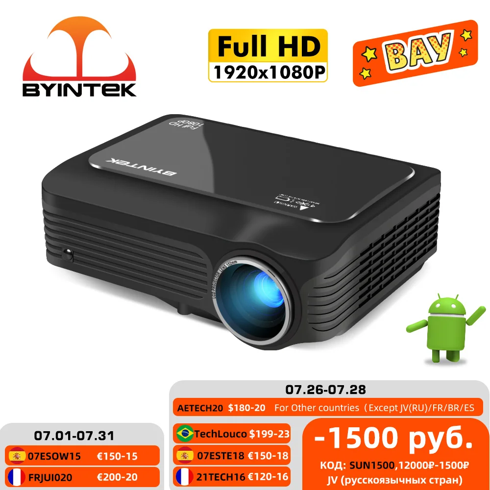Портативный проектор BYINTEK K18 мини-проектор с ЖК светодиодный дисплеем 1920x1080 Full HD