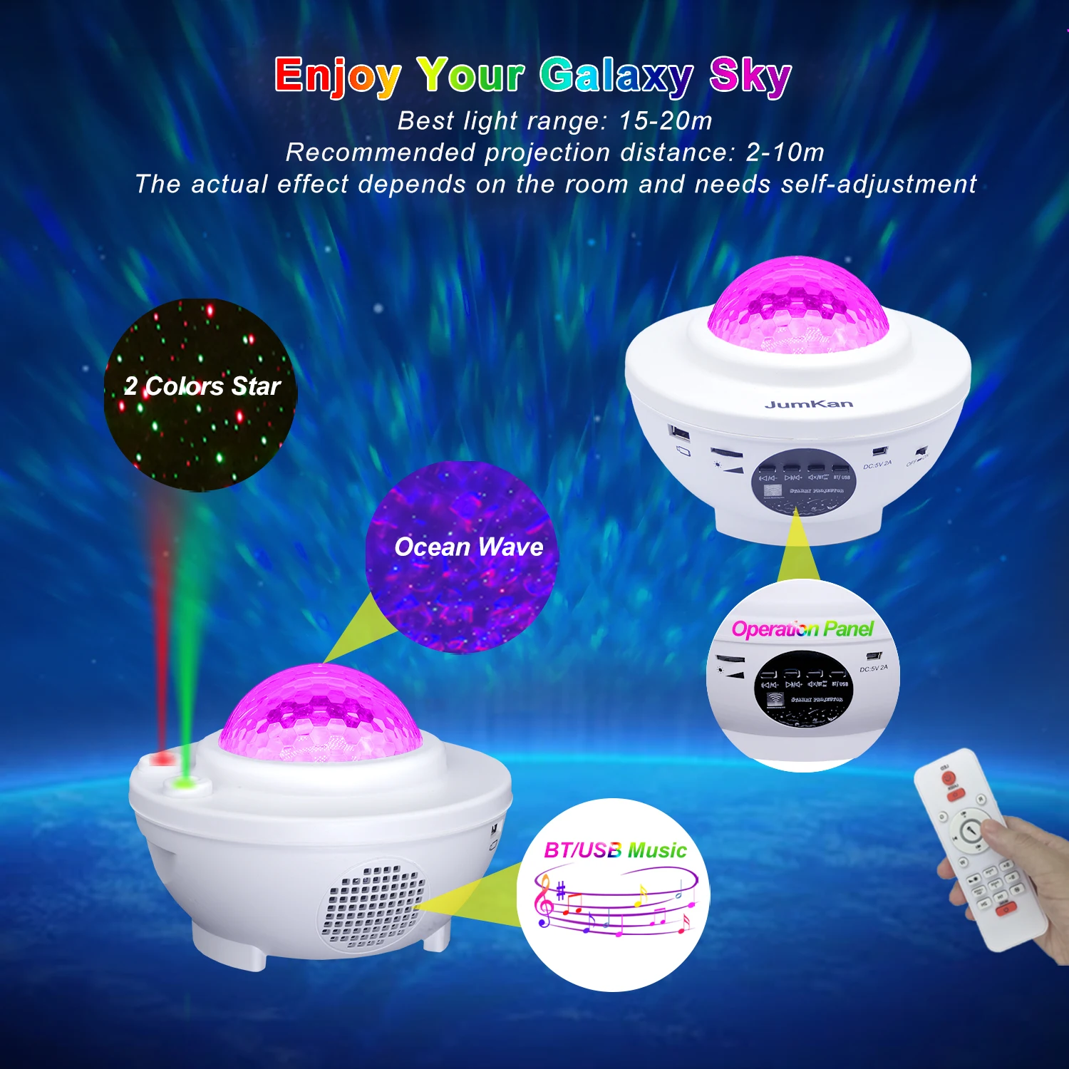 

JumKan Laser Galaxy Space Ocean Star Projector with Bluetooth Used for Parties/Birthday/Wedding, Babies and Kids, Bedroom, Gif