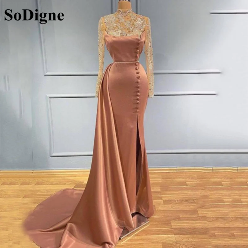 

SoDigne High Neck Pink Party Dress Appliques Butons Side Split Long Sleeves Prom Dresses Evening Gowns Vestidos De Festa