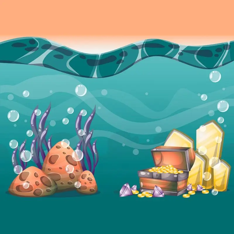 Занавеска для душа Мультяшные подводные камни и золото в деревянной коробке