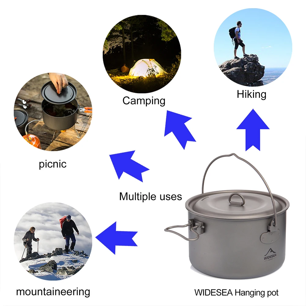 

Widesea Camping Titanium Hanging Pot Cookware Set Outdoor Tableware Tourism Cauldron Cooking Pot Picnic Kitchen Hiking Trekking