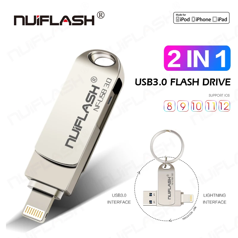 Unidad Flash USB de Metal para iPhone, memoria usb 3,0 de 16GB, 32GB, 64GB, para iPhone X/8 Plus/8/7 Plus