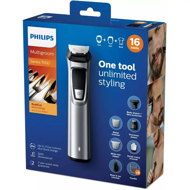 Оригинальная перезаряжаемая электрическая Водонепроницаемая бритва PHILIPS MG7736 16 в 1 для мужчин, триммер для влажных и сухих волос, бороды, уше...