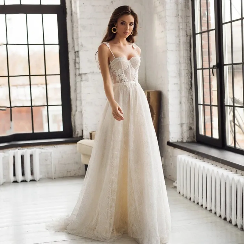 

Sweetheart A-Line Wedding Dresses 2022 Backless Appliques Sleevless Bridal Dress Sweep Train Robe De Mariée Soft Tulle Illusion