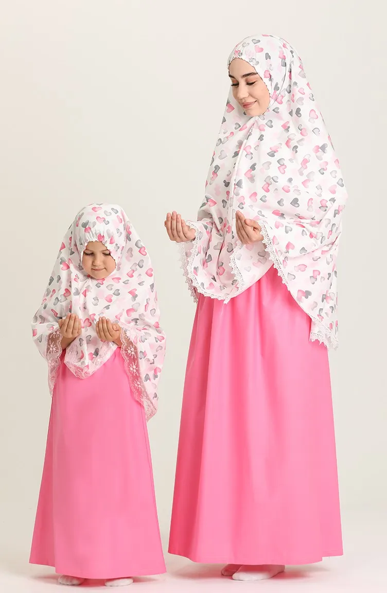 

GIRL KIDS PRAYER DRESS WITH SECADE GIFT Prayer Dress PINK Cotton patterned fabric New season TURKEY QUALİTY