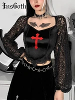 insgoth mall goth fashion aesthetic women t shirts y2k grunge punk exotic red cross top sexy hollow out long sleeve top