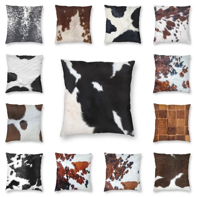 Smooth Rustic Black Cow Hide Print Cushion Cover Animal Cowhide Texture Floor Pillow Case for Sofa Fashion Pillowcase Decoration