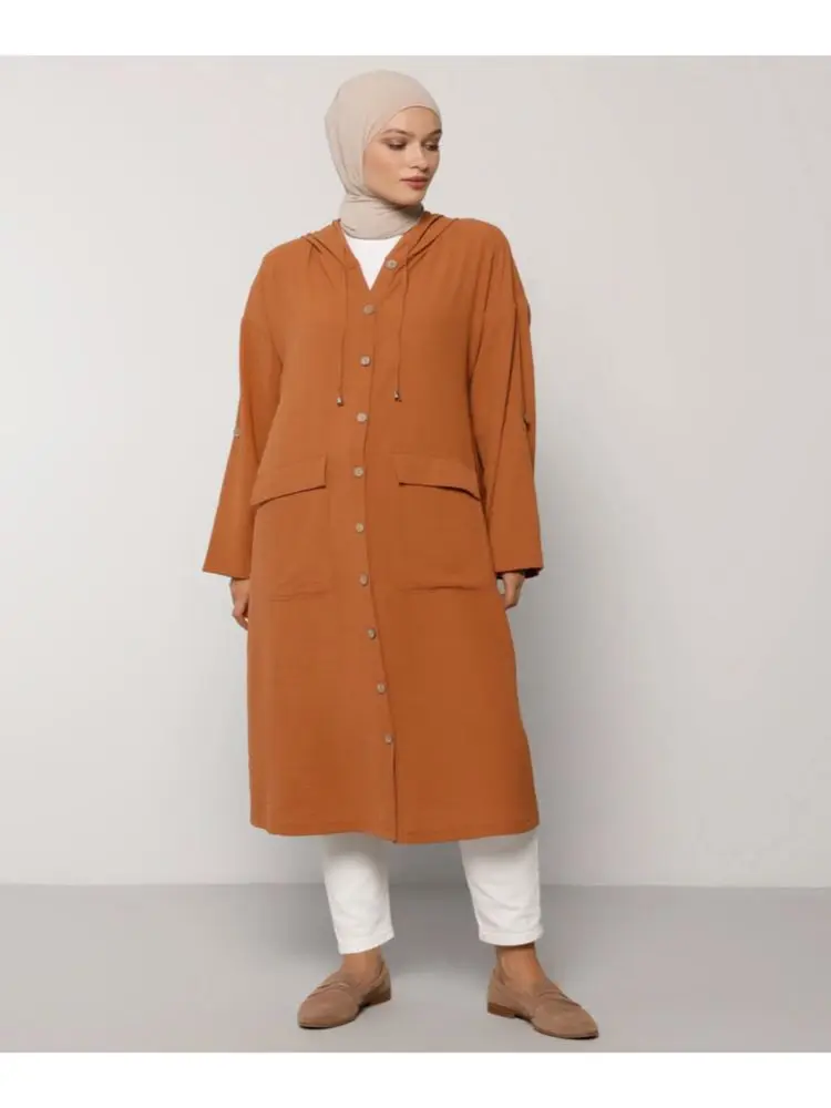 

Hooded Pocket Trench Coat Buttoned Seasonal Slim Autumn Windbreaker Women's Outerwear Muslim Fashion 2021 New Season Abaya