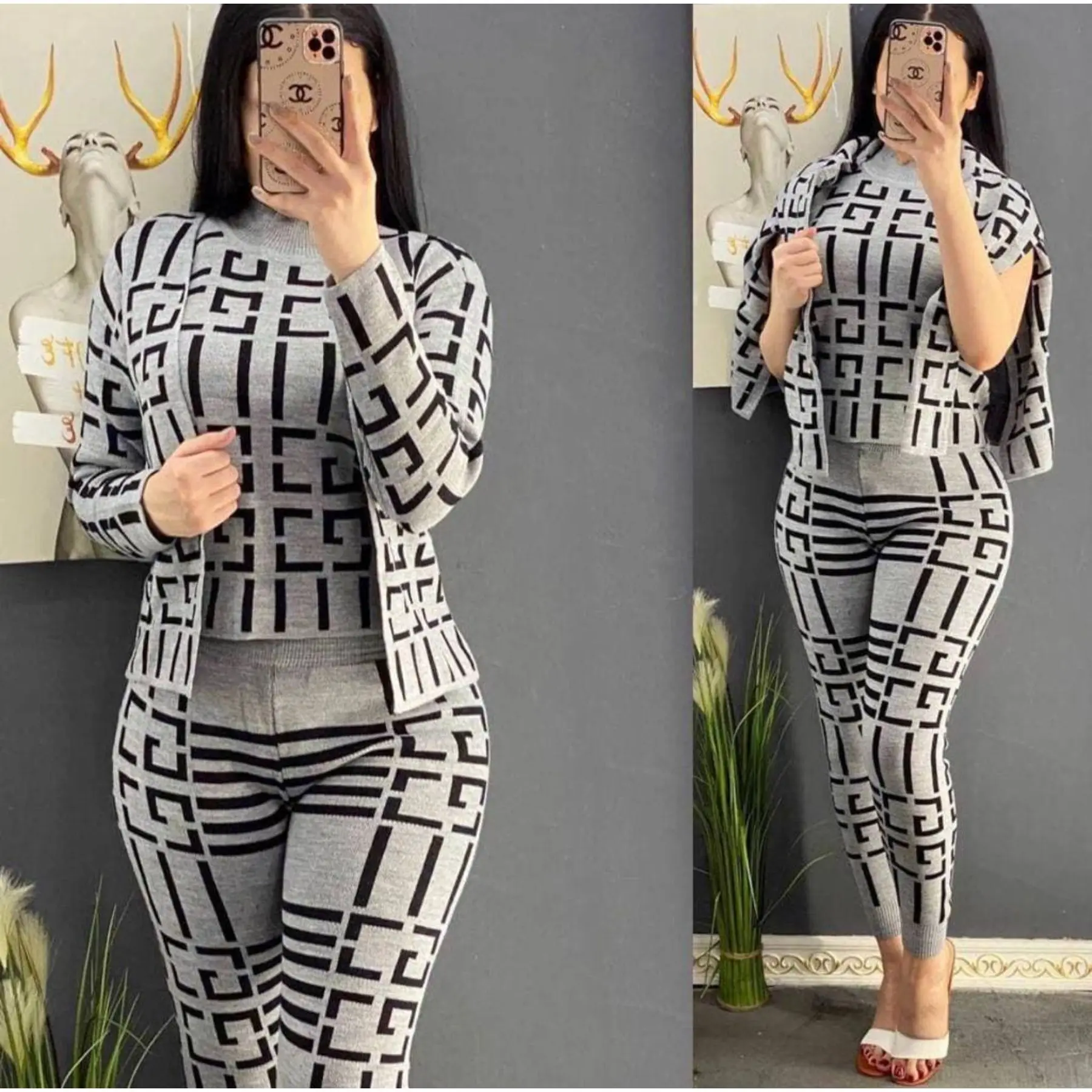 Женский трикотажный костюм из трех предметов кардиган в полоску свитер без