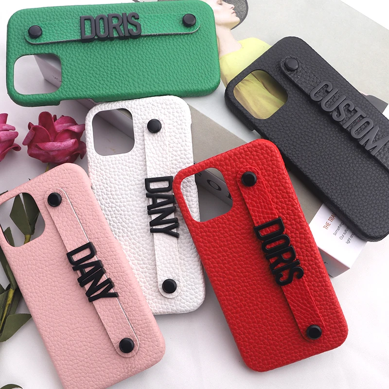 Holding Strap Metal Personalization Your Name Pebble Grain Leather Phone Case For iPhone 11 12 13 14 Pro XS Max XR 7Plus 8Plus