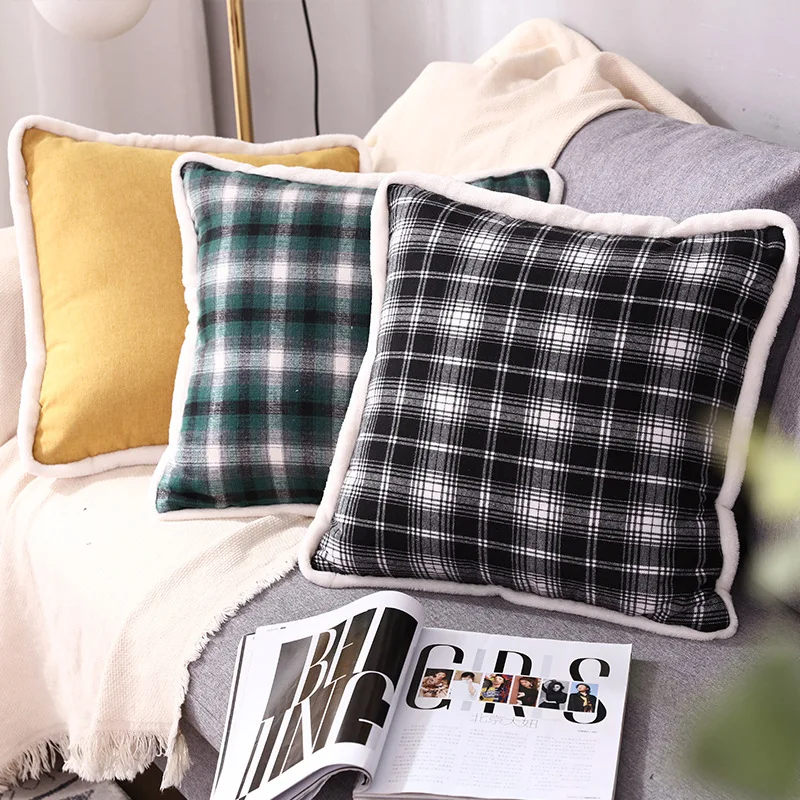 

British Plaid Pillow Cover Flannel Lace Home Bedroom Sofa Cushion