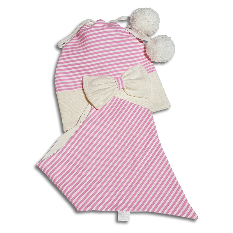 

Babygiz girls ecru color pink striped pompom and bow accessory autumn winter spring use combed knitwear hat beanie neck collar