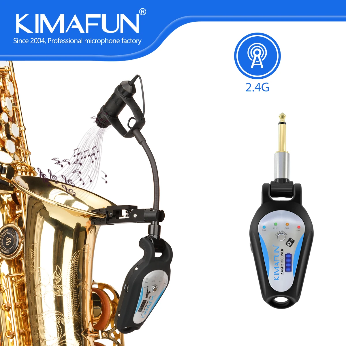 KIMAFUN Condenser Mic Capsule 2.4G Wireless Saxophone Microphone System Noise Canceling Clear Sound Pick-up Music Mic 4 Channels