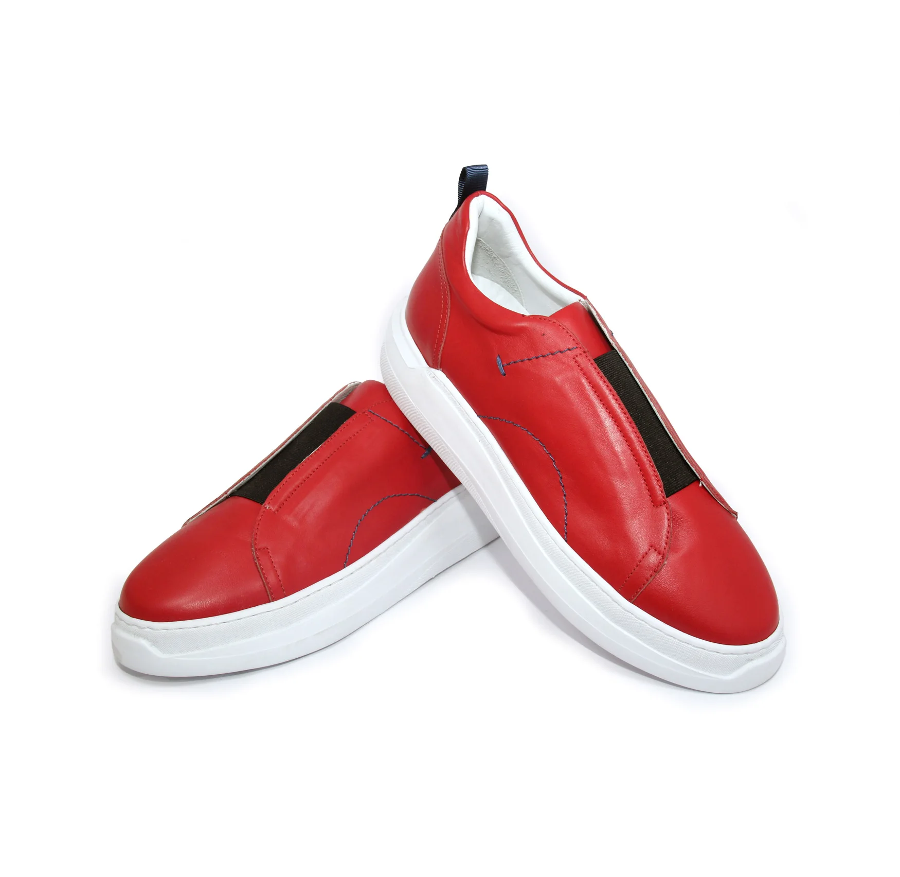 

Handmade Sport Slip On Laceless Sport Shoes with Real Calf Leather, Red White Black,Lightweight EVA Sole, Men's Comfort Sneakers
