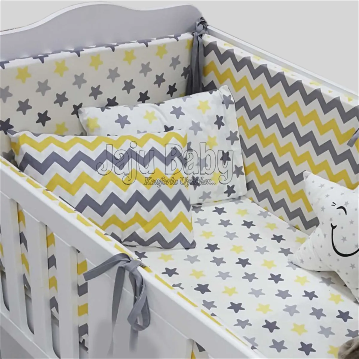 Jaju Baby Handmade, Yellow and Gray Zigzag - Star Baby Duvet Cover Set and Edge Protection, Baby Duvet Cover, Baby sheet