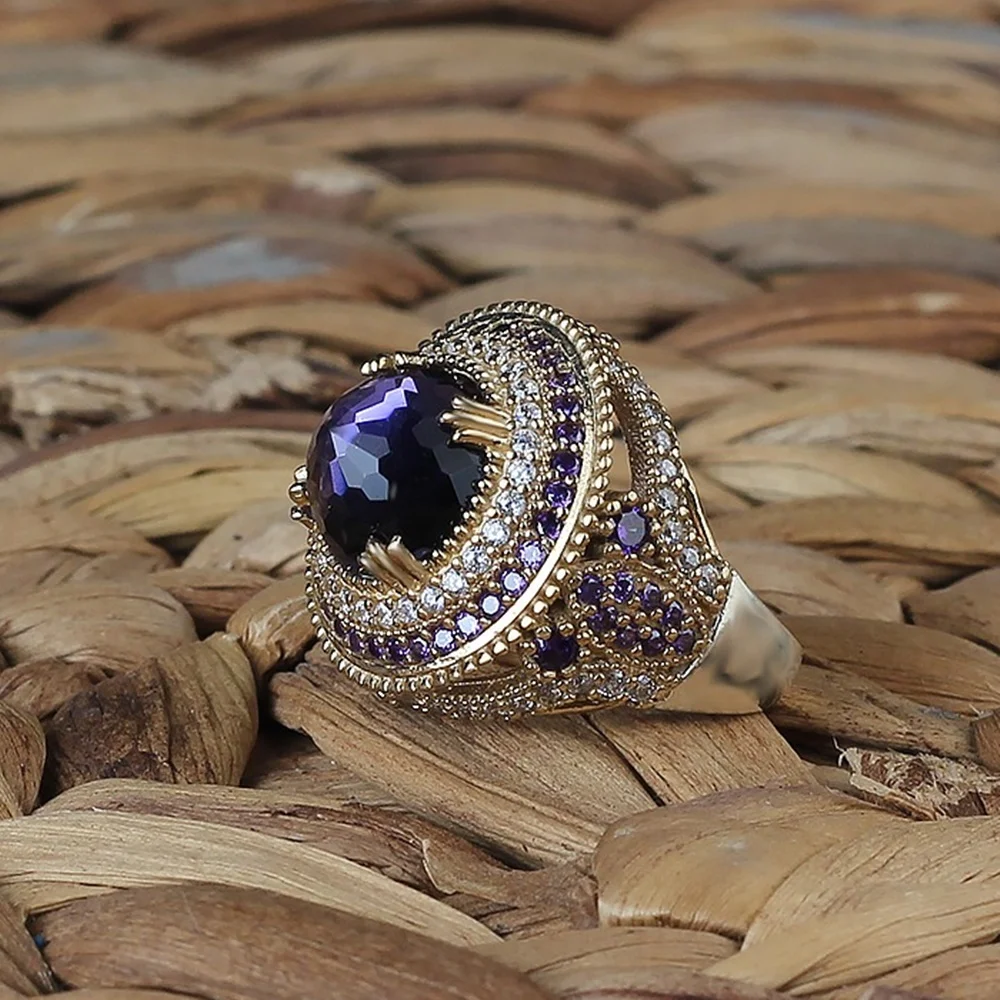 

925 Sterling Silver Turkish Handmade Jewelry Zircon Purple Women's Ring