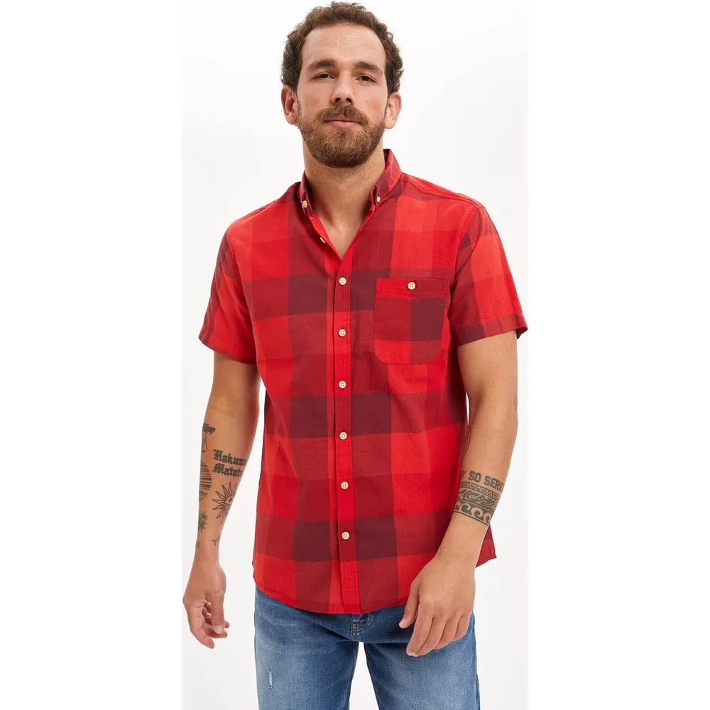 

Defacto Men's Single Pocket Slim Fit New Holiday cute 2021 Model Red 100% Cotton Men's Shirt