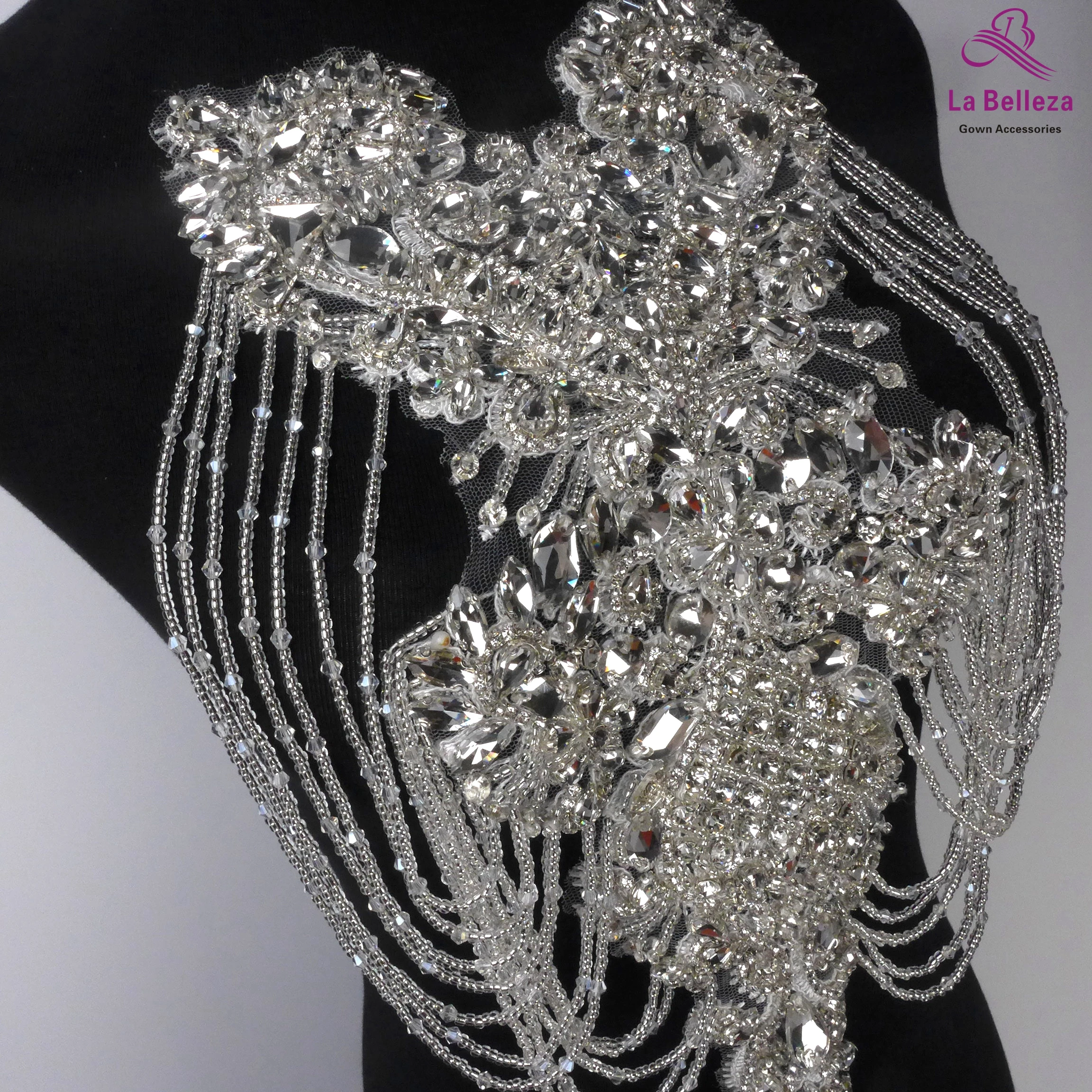 

La Belleza silver piece handmade,silver crystal Rhinestones patch wedding dress bling applique accessories by piece 35X22CM