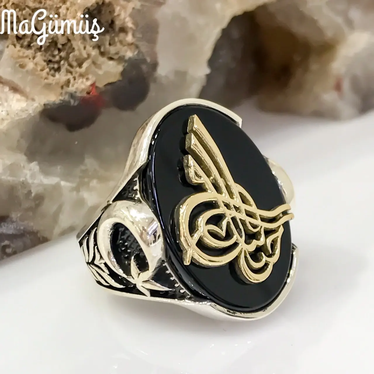 

Big size Oltu Above Tura Moon Star Embroidered Silver Men 'S Ring