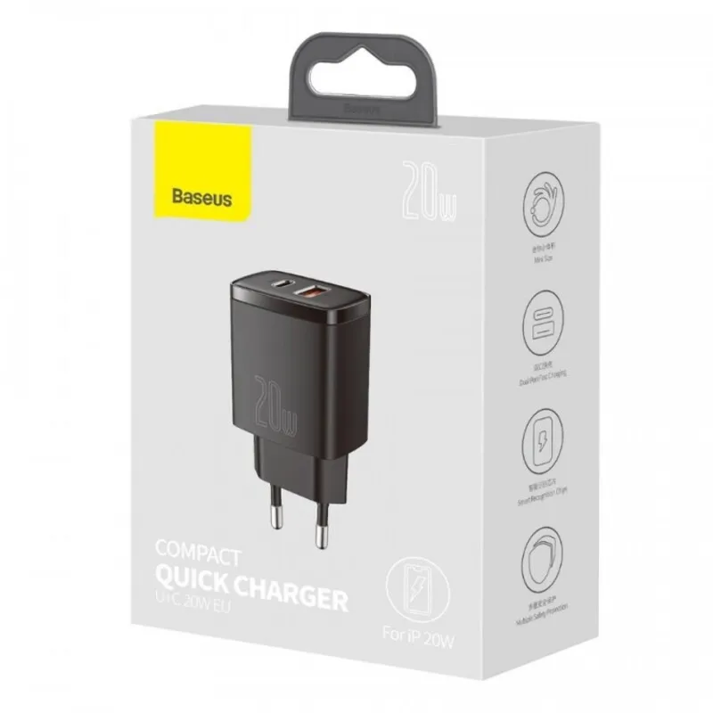 Фото Baseus compact USB + Type-C зарядное устройство 20W для быстрой зарядки Android Samsung Iphone 12 Pro Max 11 XS XR Baseus compact USB + Type-C зарядное устройство 20W для быстрой зарядки Android Samsung Iphone 12 Pro Max 11 XS XR