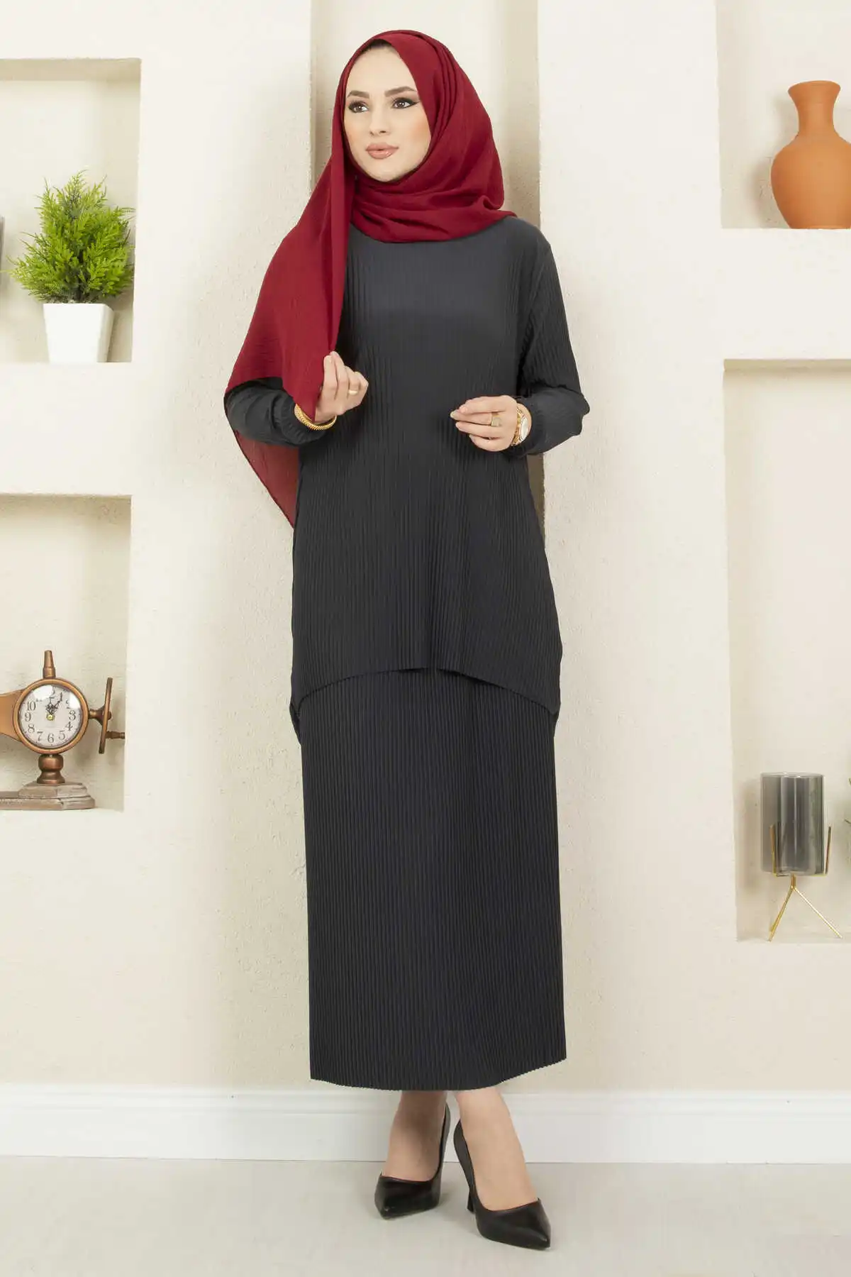 Pleated Skirt Tunic Muslim Jilbab 2 Piece Sets Ramadan Clothes Arabic Turkish Store Hijab Female Abaya Suits Modest Fashion 2022