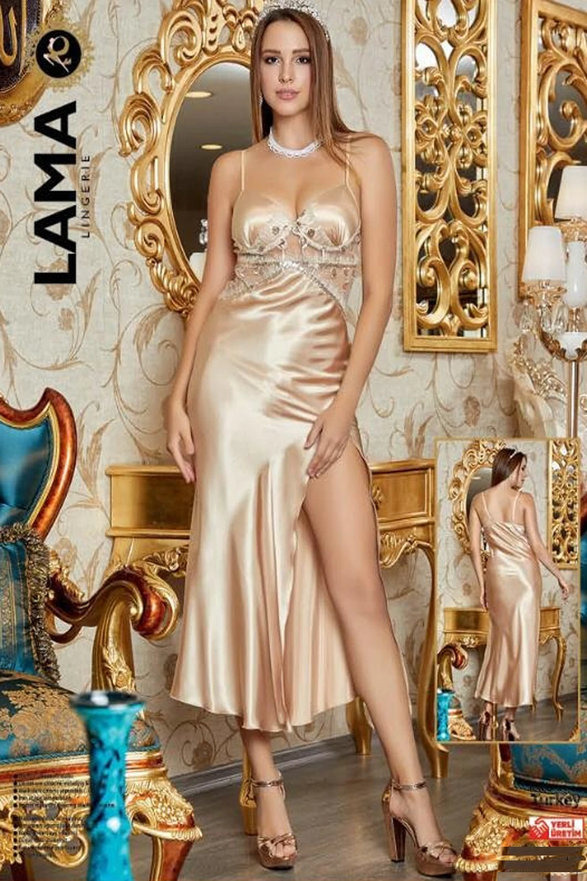 

Women Beige Long Satin Nightgown - RNL-LM2002