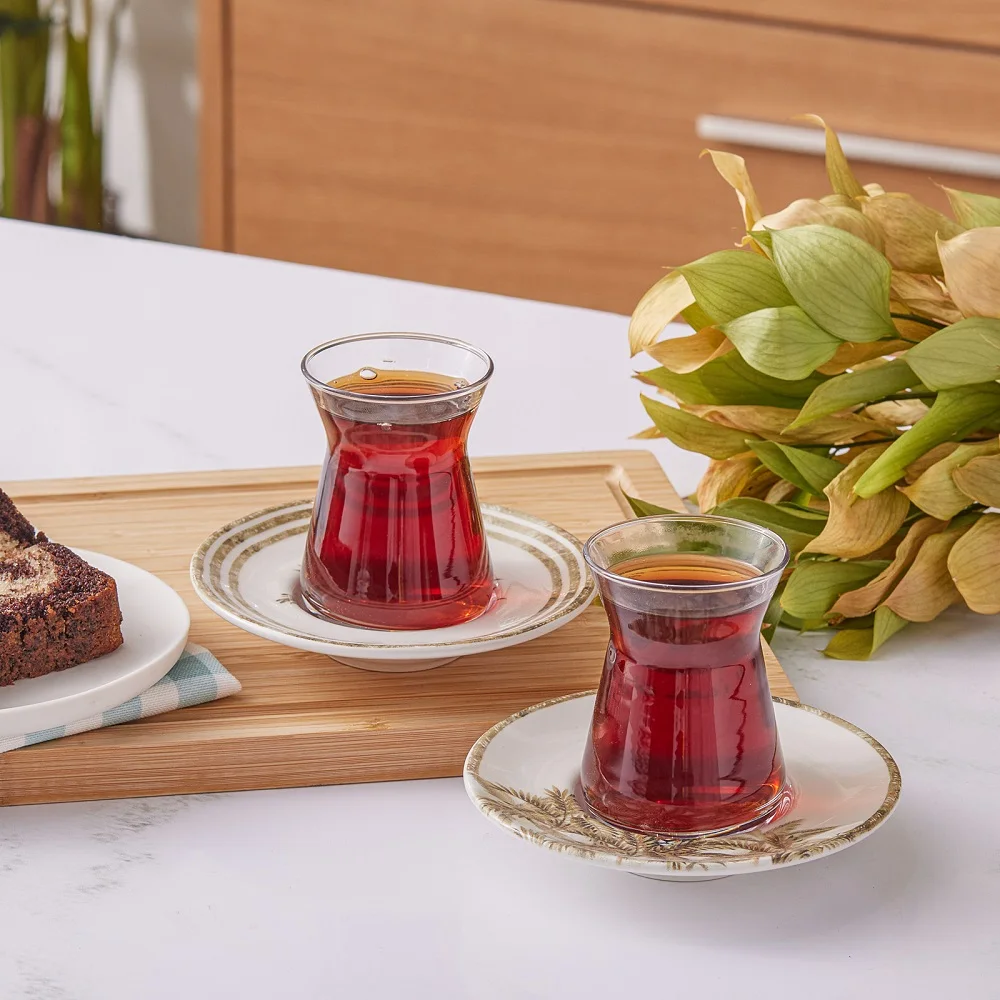 

Palm Pattern Glass Tea Cup Set 4 Person Tea Set With Tea Saucer 8 Pieces 4 Glasses 4 Saucers Tea Set Hot Drink
