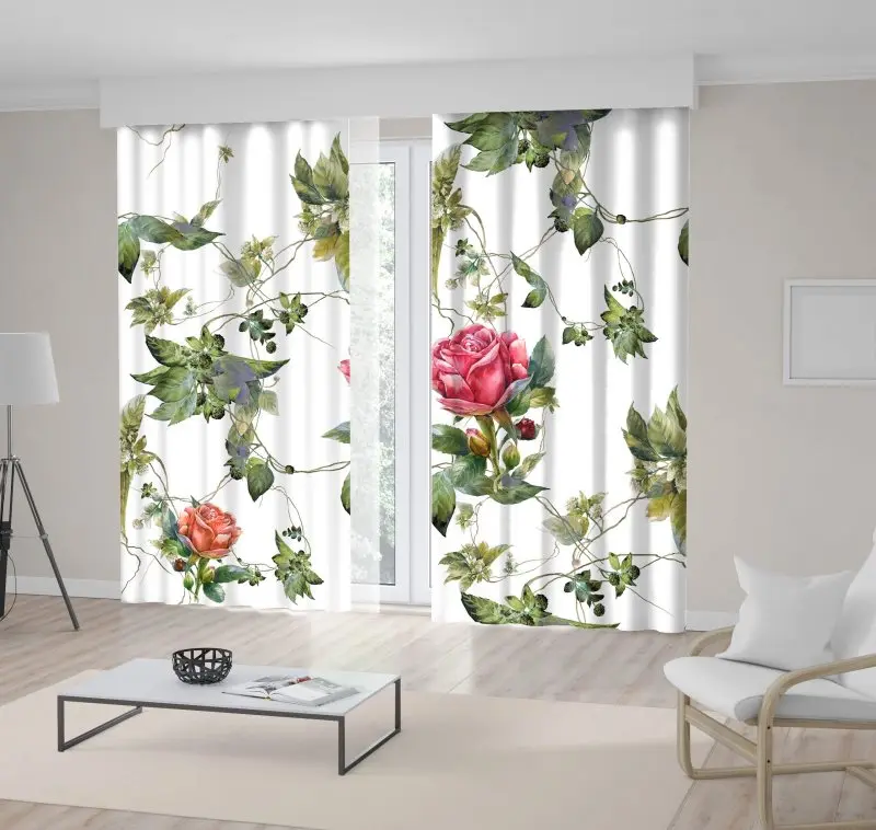 

Curtain Flowers Roses Leaves Summer Garden Nature Vintage Style Painting Artwork Red Orange Green