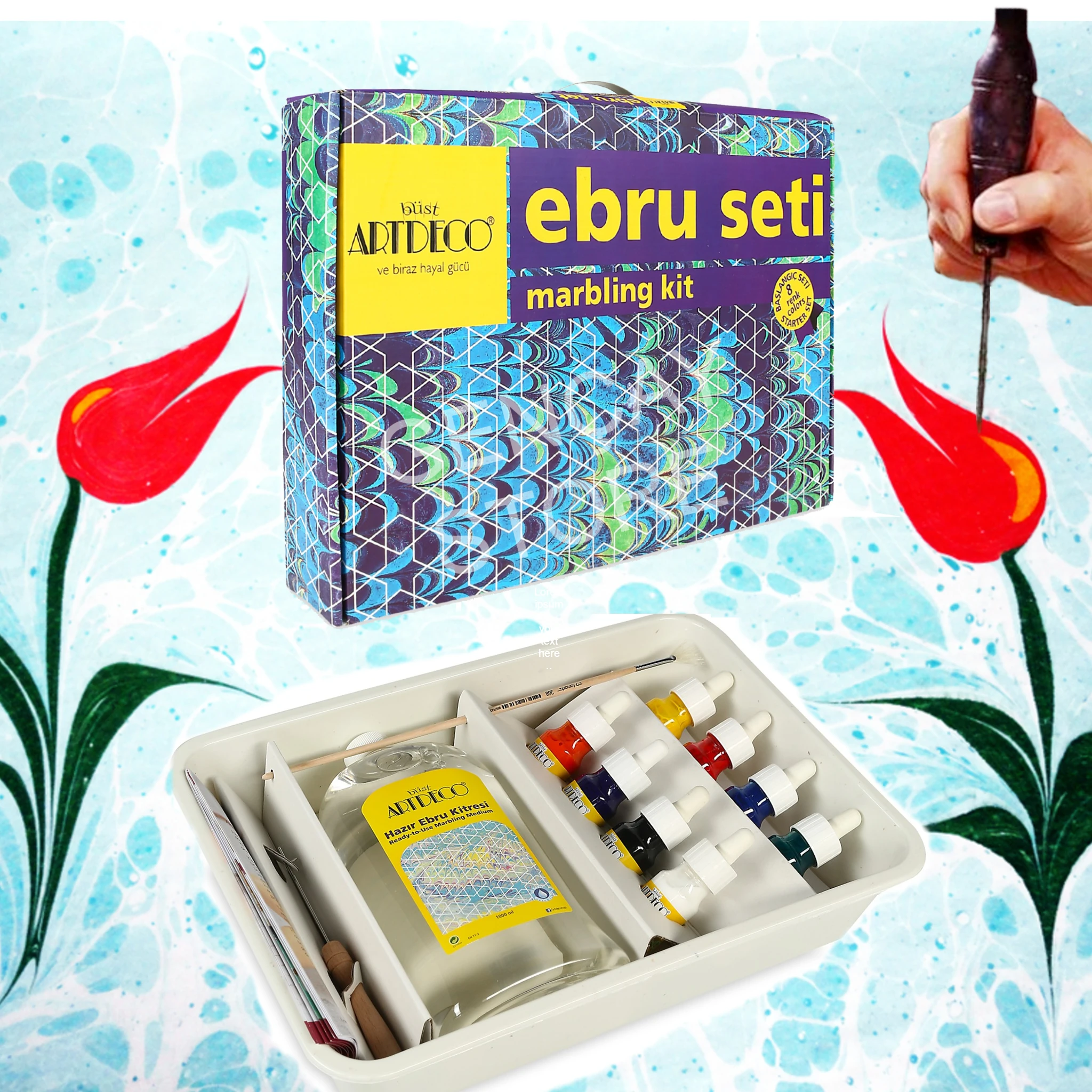 

Набор для начинающих Artdeco Ebru Seti, 8 цветов, набор Ebru, художественная живопись на воде, турецкие товары, Сделано в Турции, высокое качество