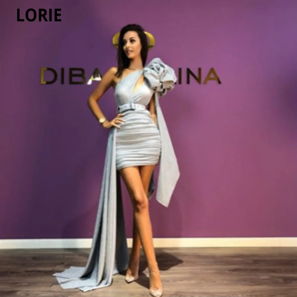 

LORIE Modern Light Blue Prom Dresses One Shoulder Puffy Sleeves Short Evening Dress Formal Party Gown Robe De Soiree Sweep Train