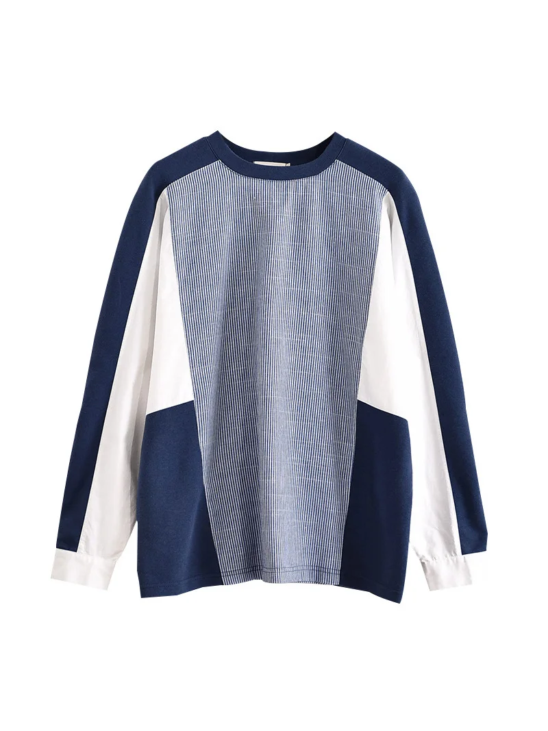 

Color Block Long Sleeve Tops Women T Shirts Loose Fit Crew Neck Pieced Patchwork Shirt