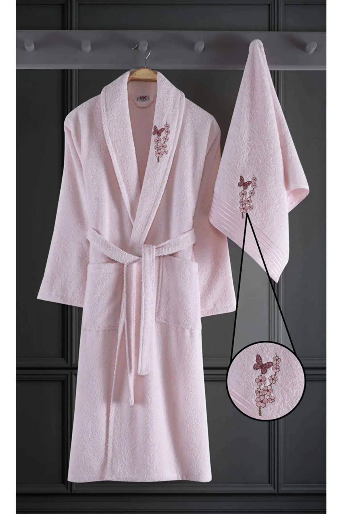 High quality embroidered cotton 2 piece bathrobe set cream men's robe set gray purple pink women bath robe towel set bath robe