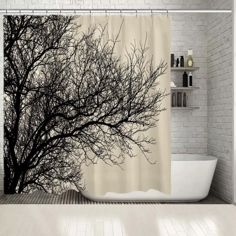 Штора для душа из кожи ветви дерева зимний уличный силуэт природа пейзаж бежевый