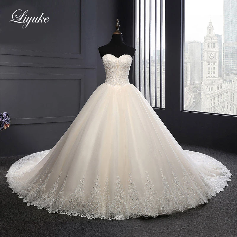 

Liyuke Exquisite Strapless Beads lace Ball Gown Wedding Dress With Corset Chapel Train Bridal Gown
