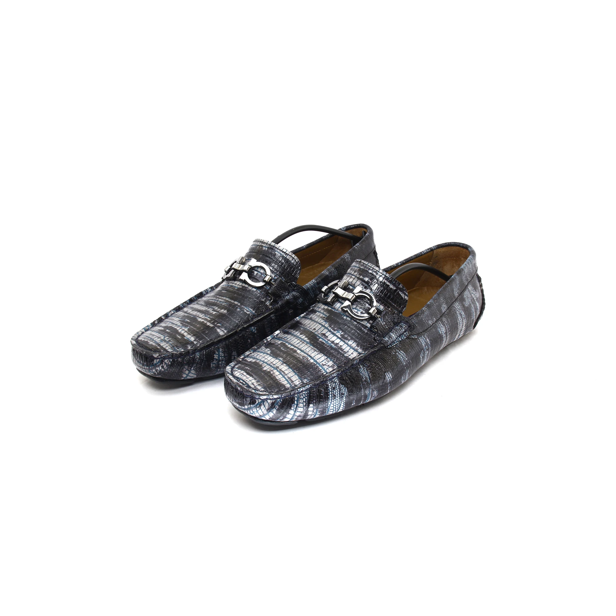 

Handmade Loafers with Forest Snake Skin Pattern, Striped Embossed Light & Dark Blue Calf Leather, Men's Artistic Fashion Style