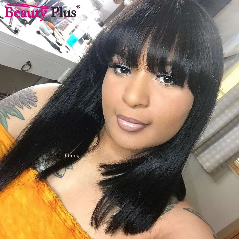 

Raw Indian Straight Hair Up Fake Scalp Short Bob Wig With Bangs Remy Human Hair Wig For Woman Machine Made Fringe Wig Human Hair