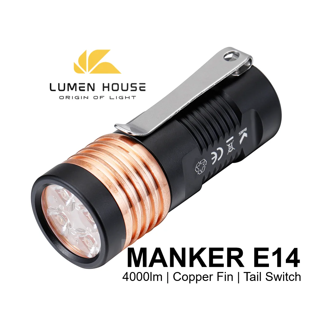 Manker E14  Flashlight LH351D LED Torch Powerful 4000lm Lampwith TIR Lens and Controlled by Tail Switch for EDC Camping Home