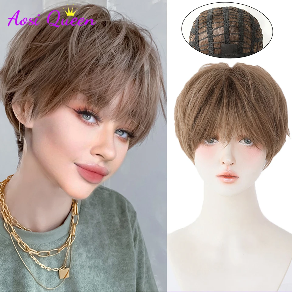 

AOSI королева короткие Боб черные парики для женщин кудрявые крючком мужские волосы с челкой синтетический термостойкий коричневый ежедневн...